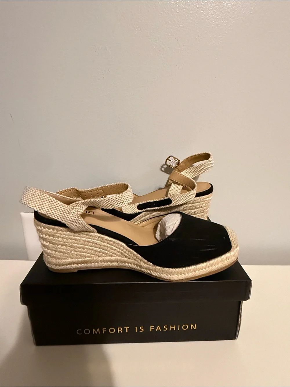 IDIFU Black and Beige Espadrille Wedge Sandals with Ankle Strap